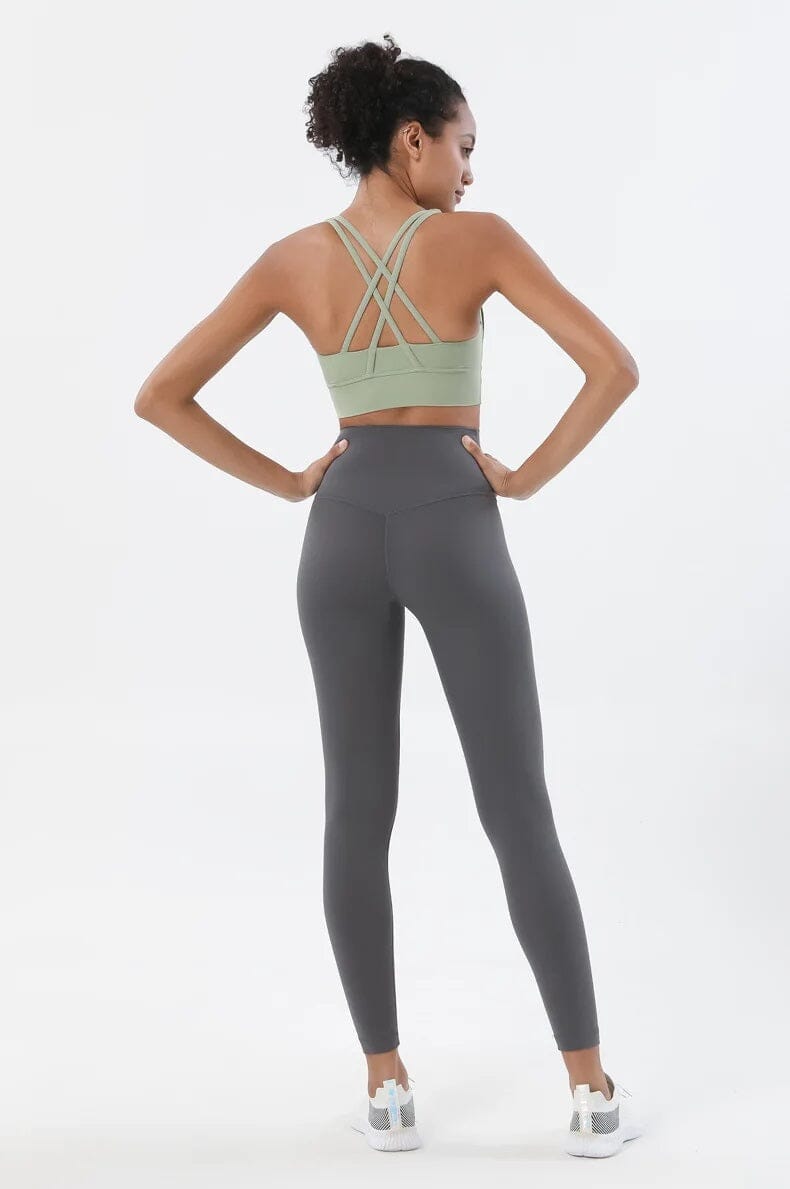 Women 2 pc High Waisted Leggings with Padded Strappy Sport Bra Activewear Set Activewear jehouze Green Gray S 