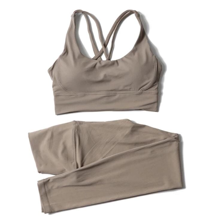 Women 2 pc High Waisted Leggings with Padded Strappy Sport Bra Activewear Set Activewear jehouze Khaki S 
