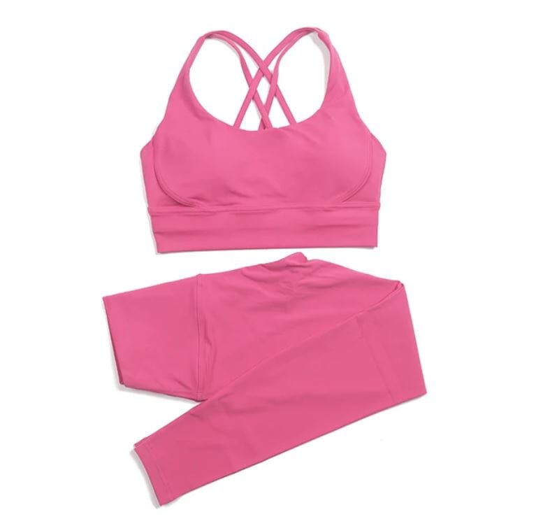 Women 2 pc High Waisted Leggings with Padded Strappy Sport Bra Activewear Set Activewear jehouze Lychee Pink S 