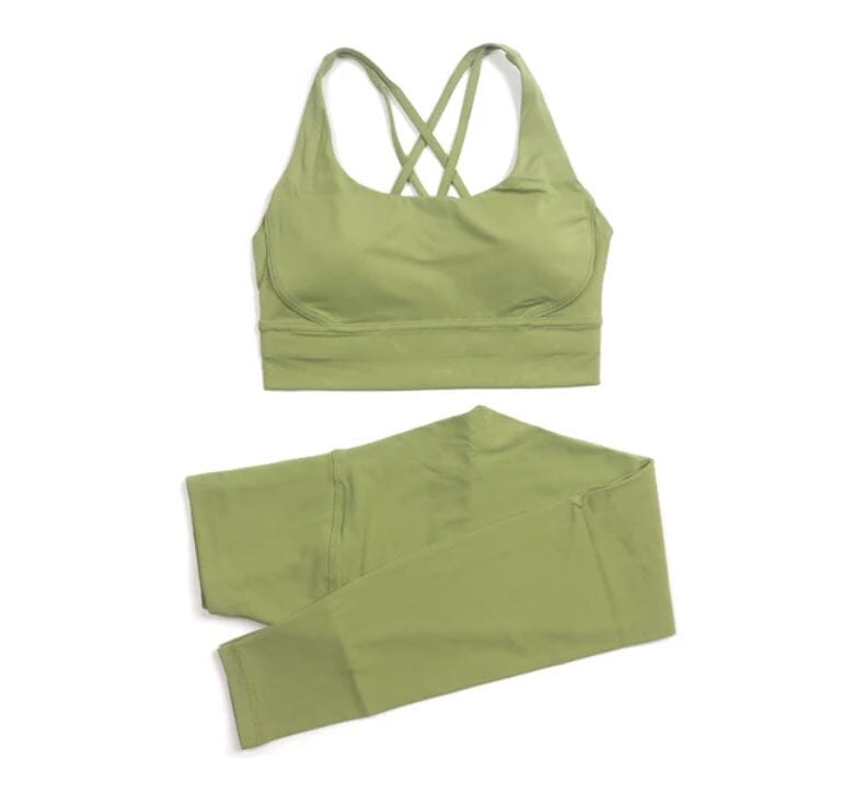 Women 2 pc High Waisted Leggings with Padded Strappy Sport Bra Activewear Set Activewear jehouze Matcha Green S 
