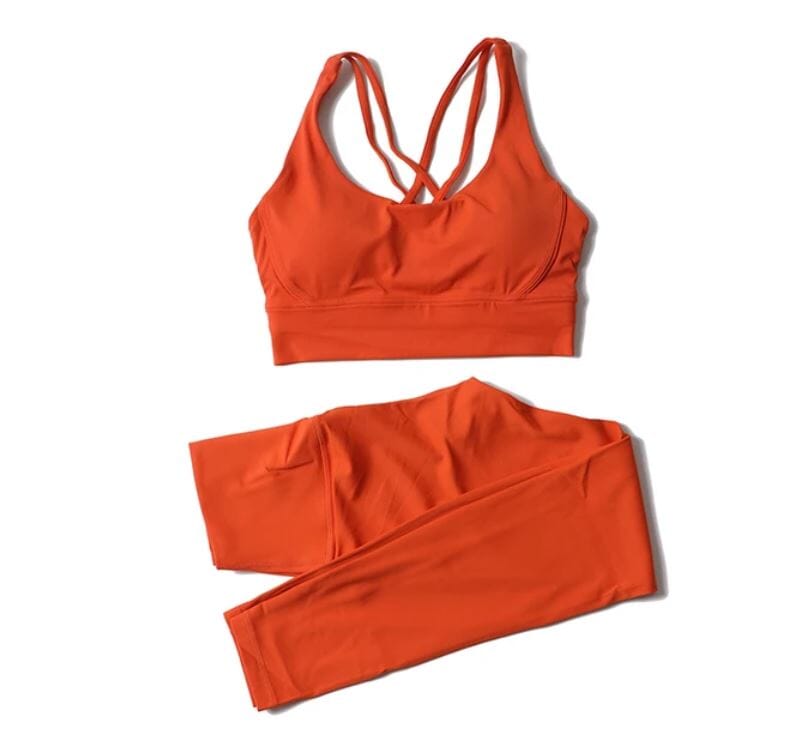 Women 2 pc High Waisted Leggings with Padded Strappy Sport Bra Activewear Set Activewear jehouze Orange S 