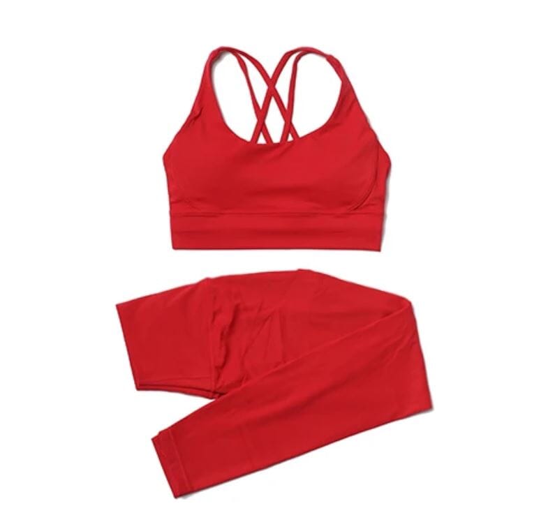 Women 2 pc High Waisted Leggings with Padded Strappy Sport Bra Activewear Set Activewear jehouze Red S 