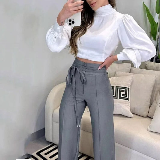 Women 2 pcs Long Sleeve Mock Neck Crop Top and Self Tie Loose Wide Leg Pant Outfit Set Outfit Sets jehouze S 