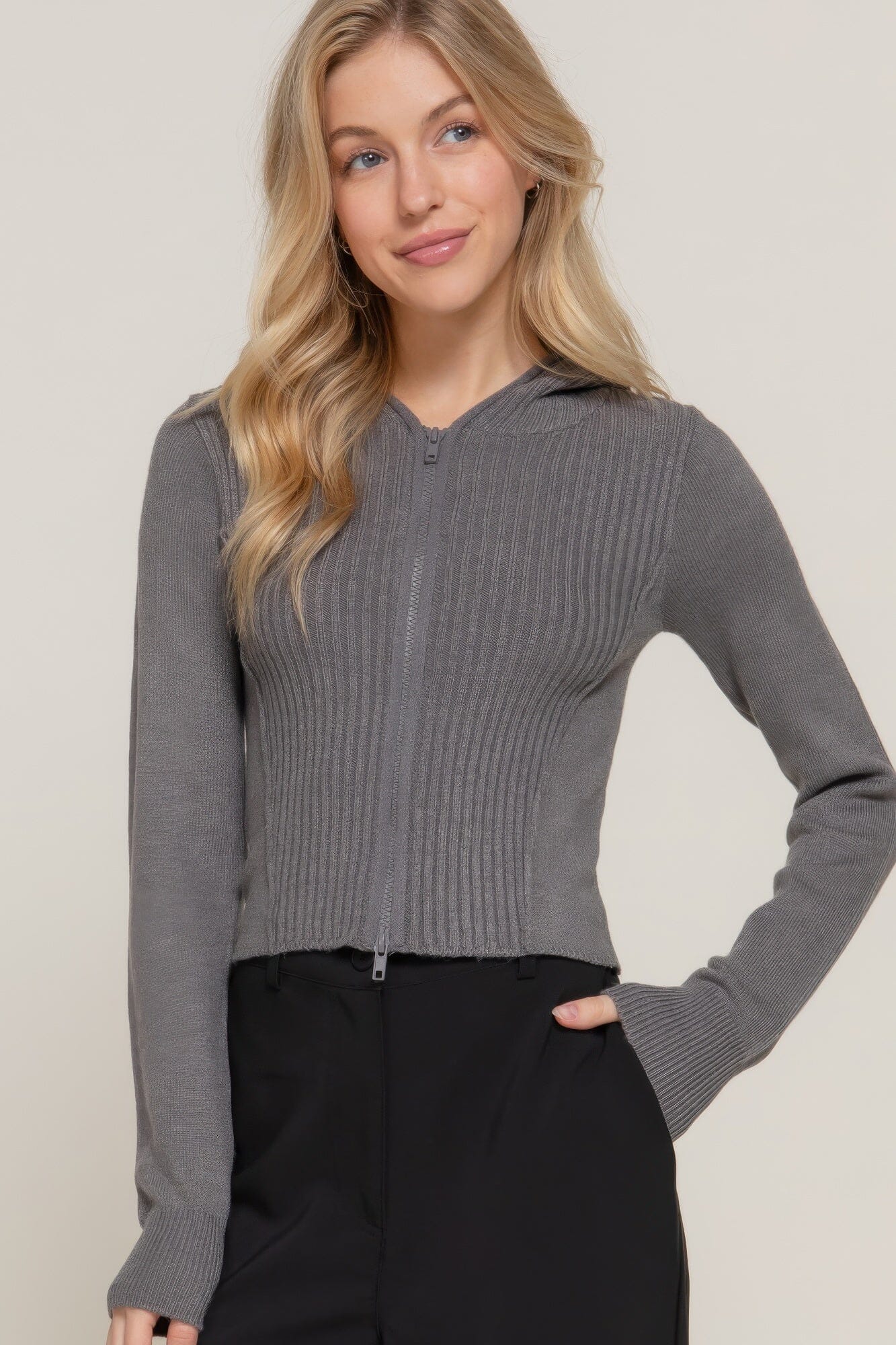 Women 2-way zip closure sweater hoodie cardigan Outerwear jehouze