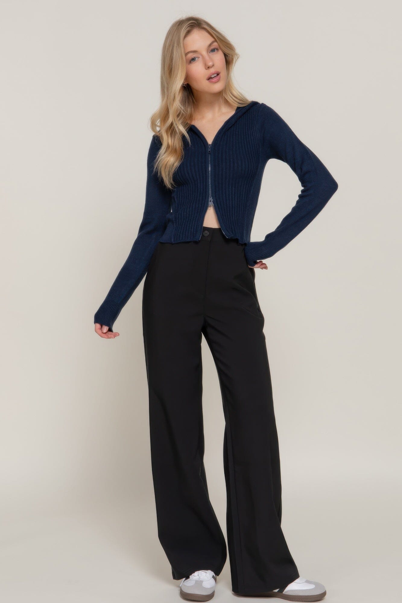 Women 2-way zip closure sweater hoodie cardigan Outerwear jehouze Navy S