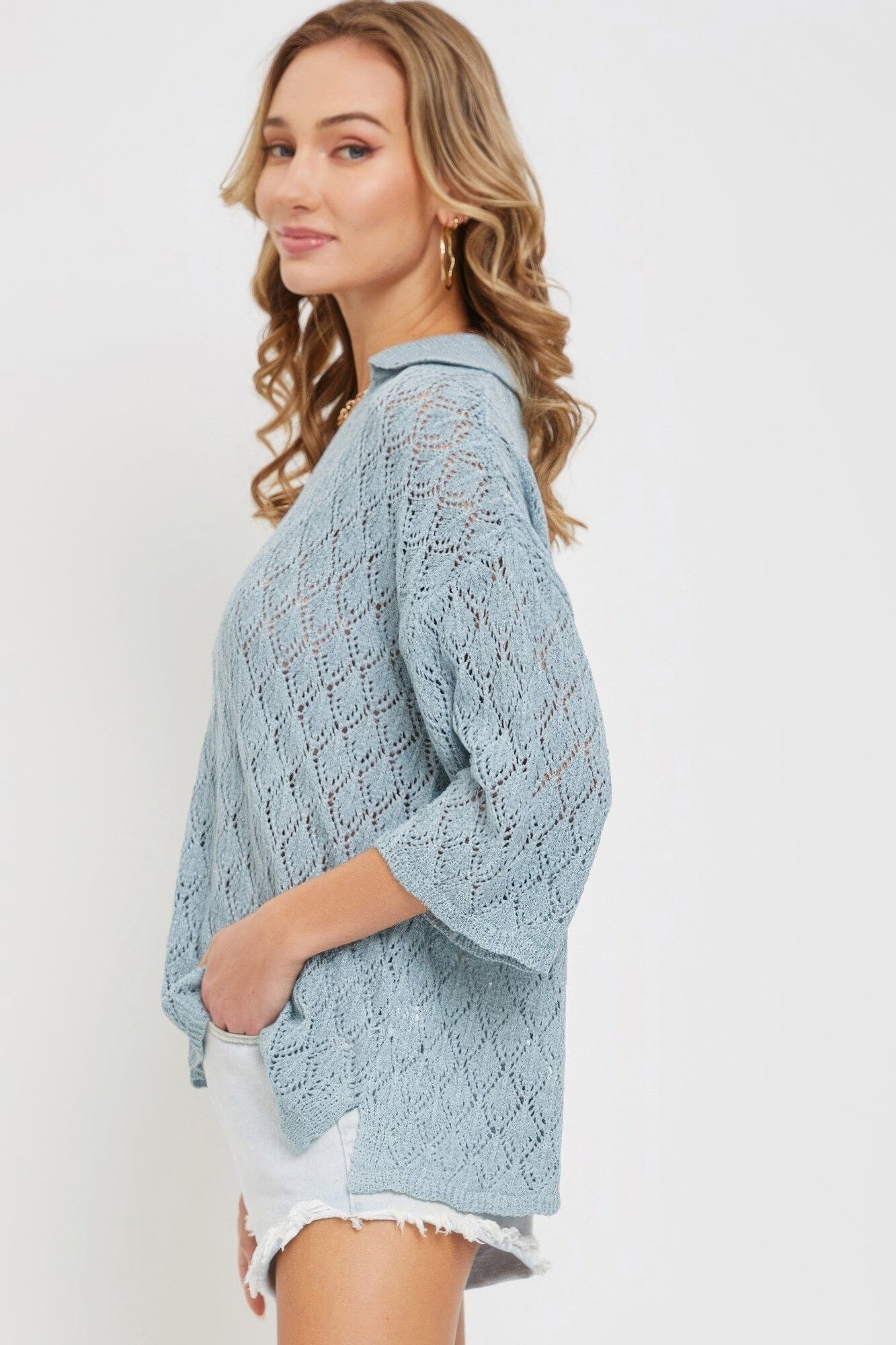 Women 3/4 sleeves Pointelle Knit Top Shirts & Tops jehouze