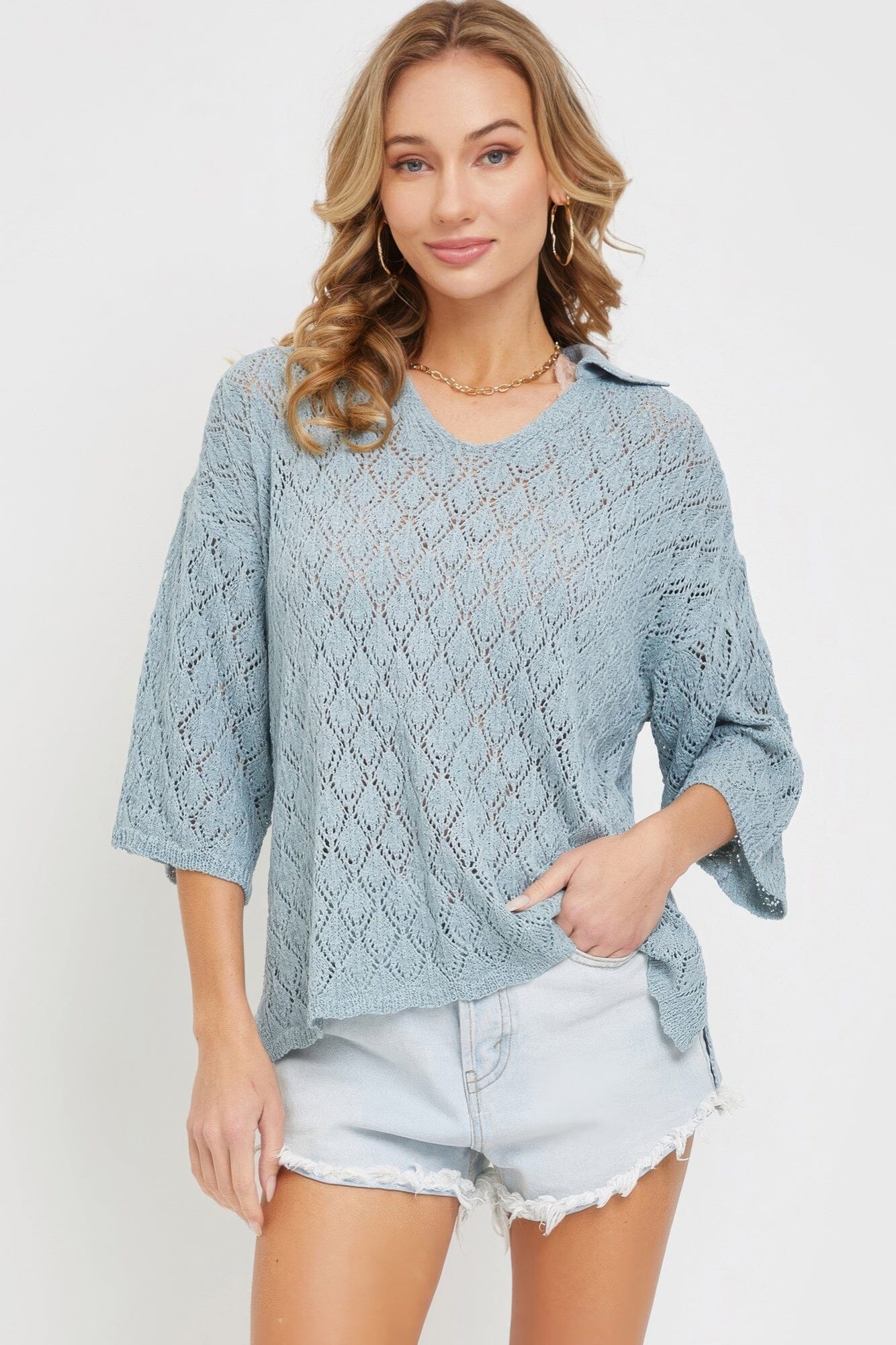 Women 3/4 sleeves Pointelle Knit Top Shirts & Tops jehouze
