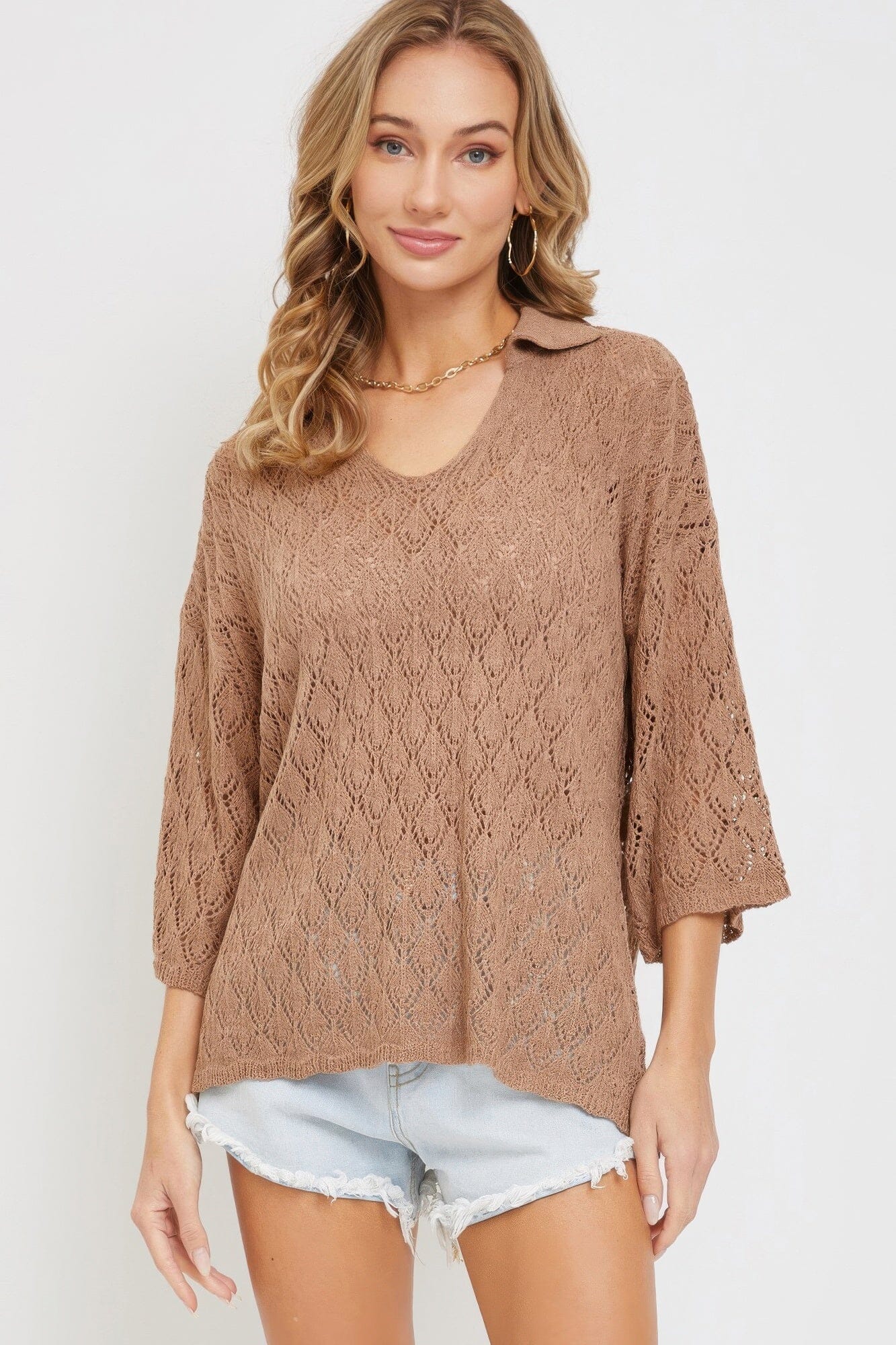Women 3/4 sleeves Pointelle Knit Top Shirts & Tops jehouze