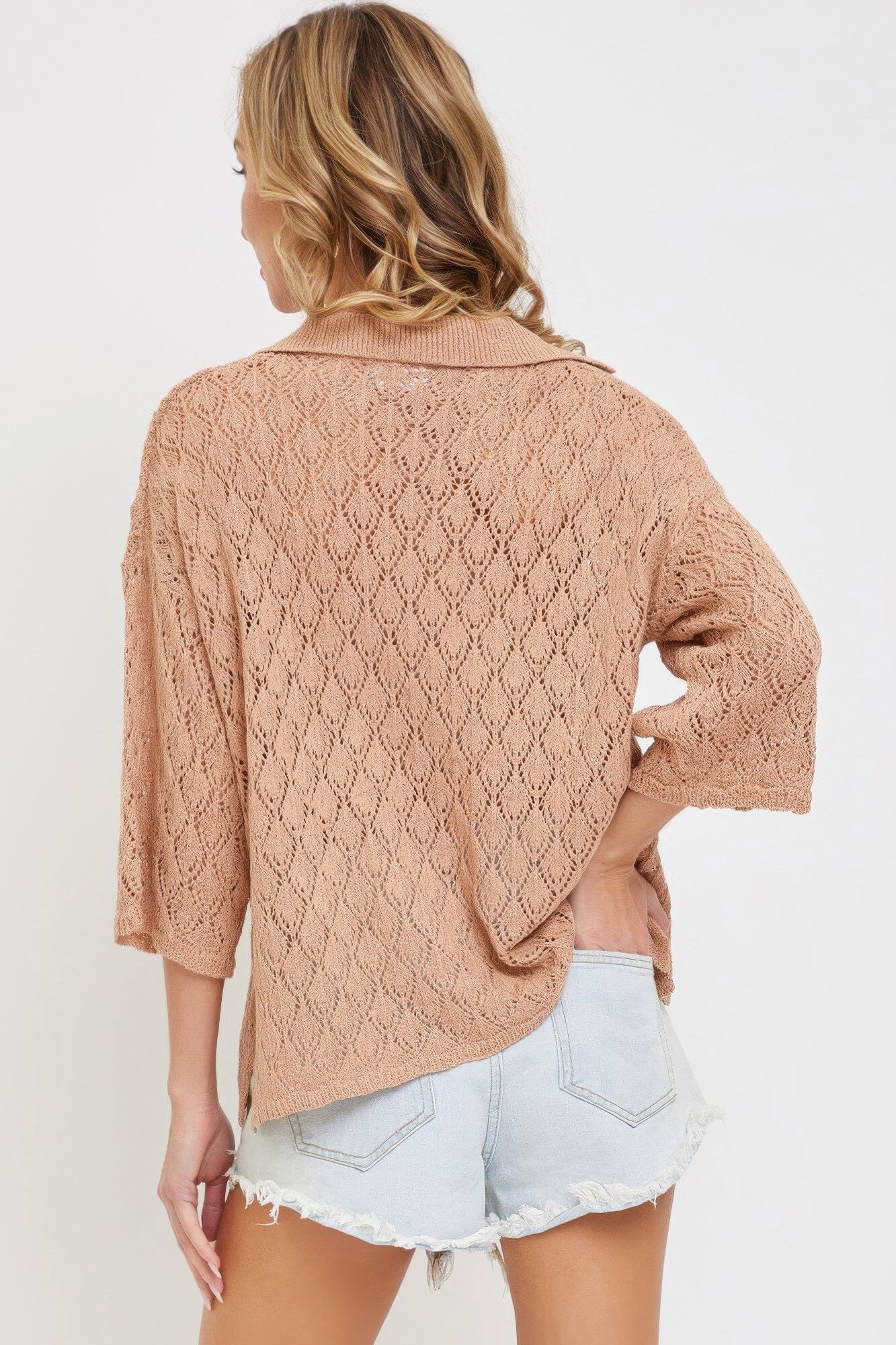 Women 3/4 sleeves Pointelle Knit Top Shirts & Tops jehouze
