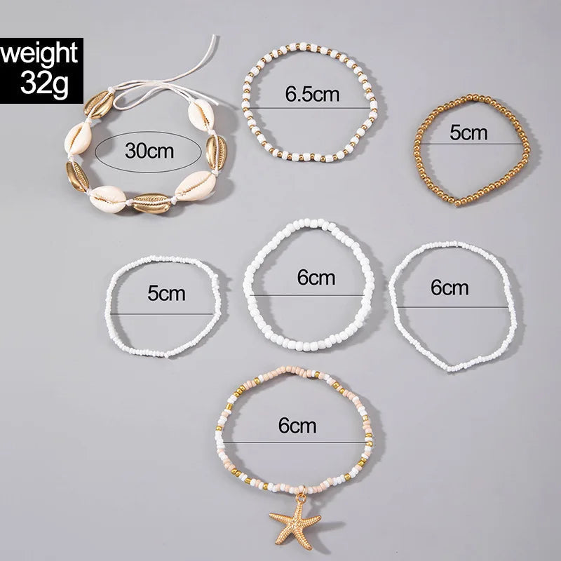 Women 7pcs Bohemian Layered Shell Stretch Beads Bracelet Set Bracelets jehouze