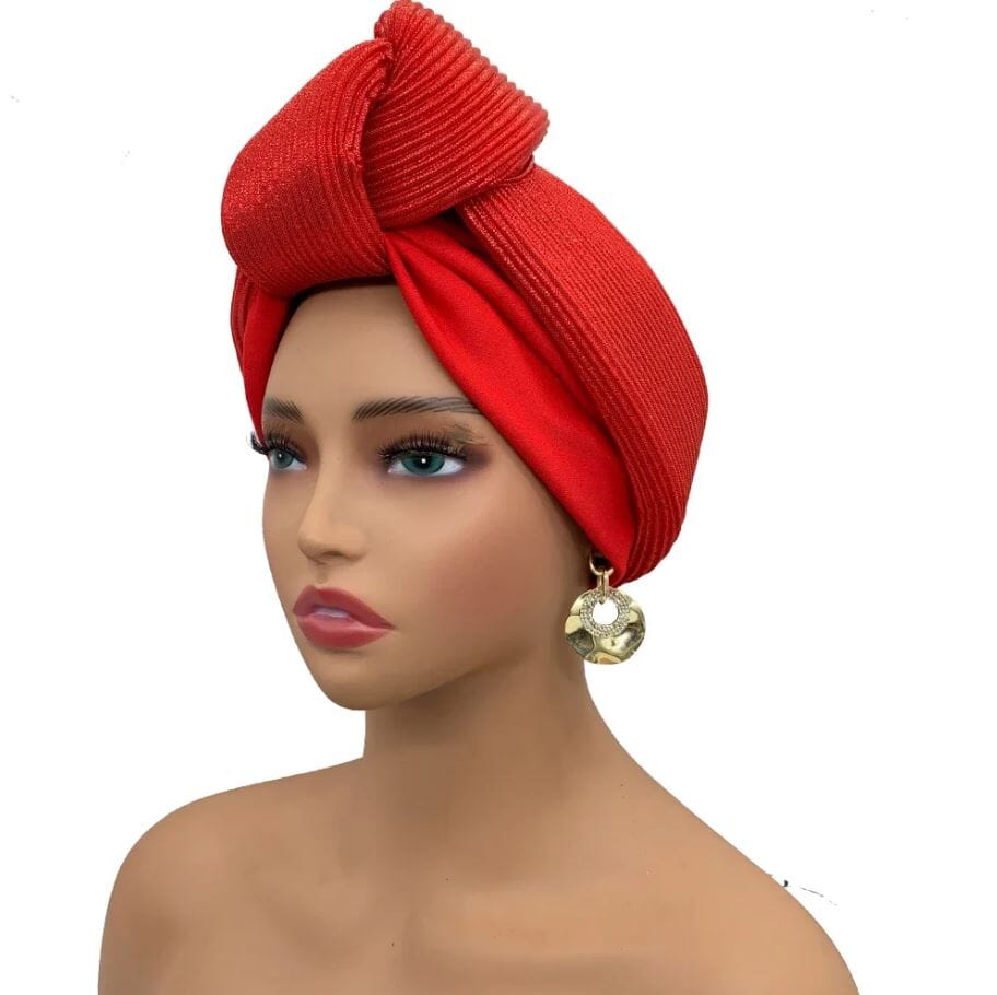 Women African Glitter Turban Beanie Knotted Head Auto Gele Wrap Hat Hat jehouze Red