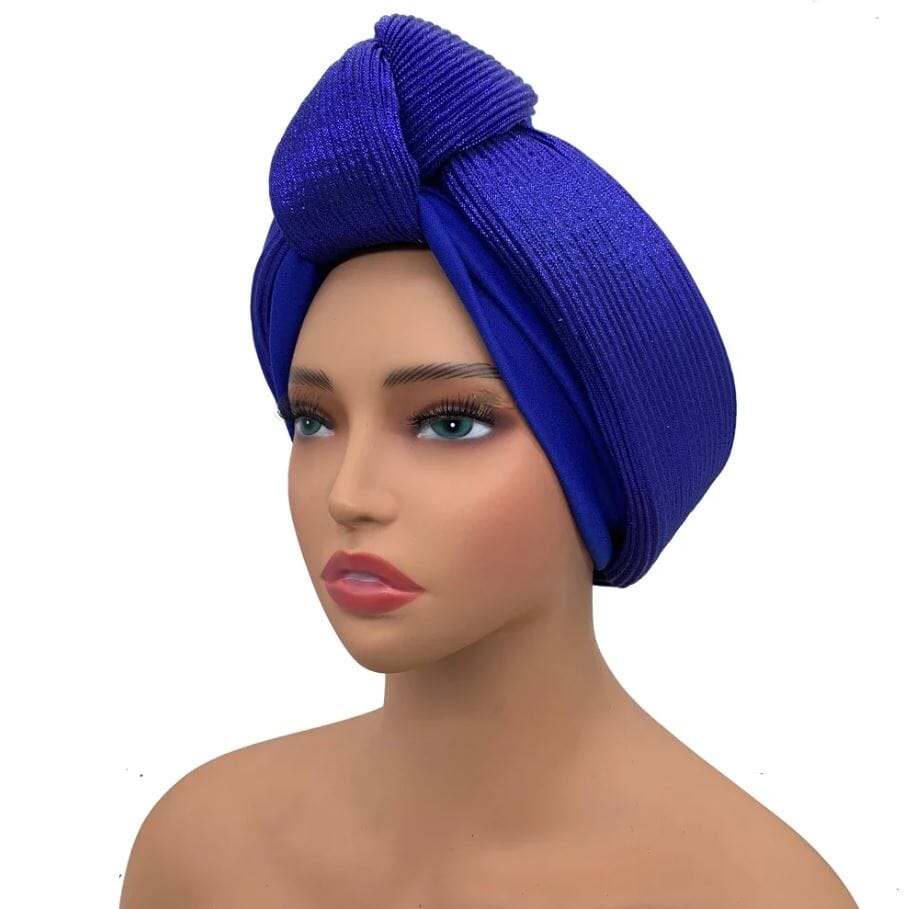 Women African Glitter Turban Beanie Knotted Head Auto Gele Wrap Hat Hat jehouze Royal Blue