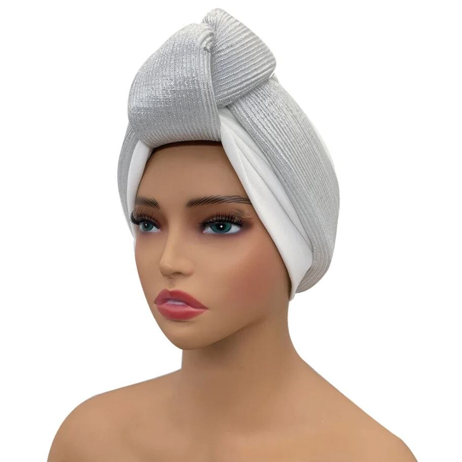 Women African Glitter Turban Beanie Knotted Head Auto Gele Wrap Hat Hat jehouze White