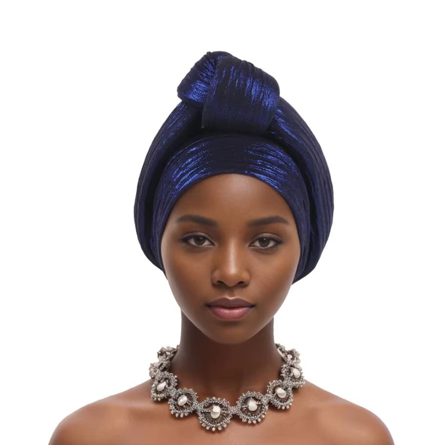 Women African Glitter Turban Beanie Knotted Head Wrap Hat Hat jehouze Navy Blue