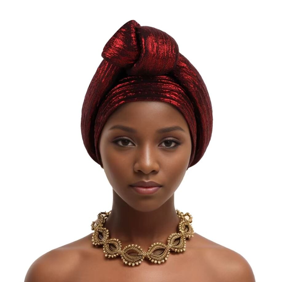 Women African Glitter Turban Beanie Knotted Head Wrap Hat Hat jehouze Wine Red