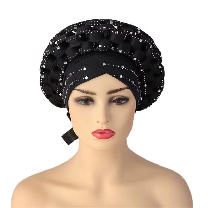 Women African Turban Auto Gele Head Wrap with stones Hat jehouze Black