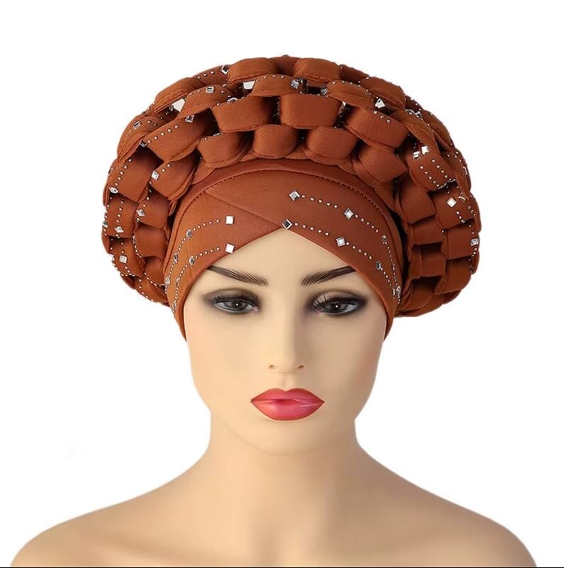 Women African Turban Auto Gele Head Wrap with stones Hat jehouze Brown
