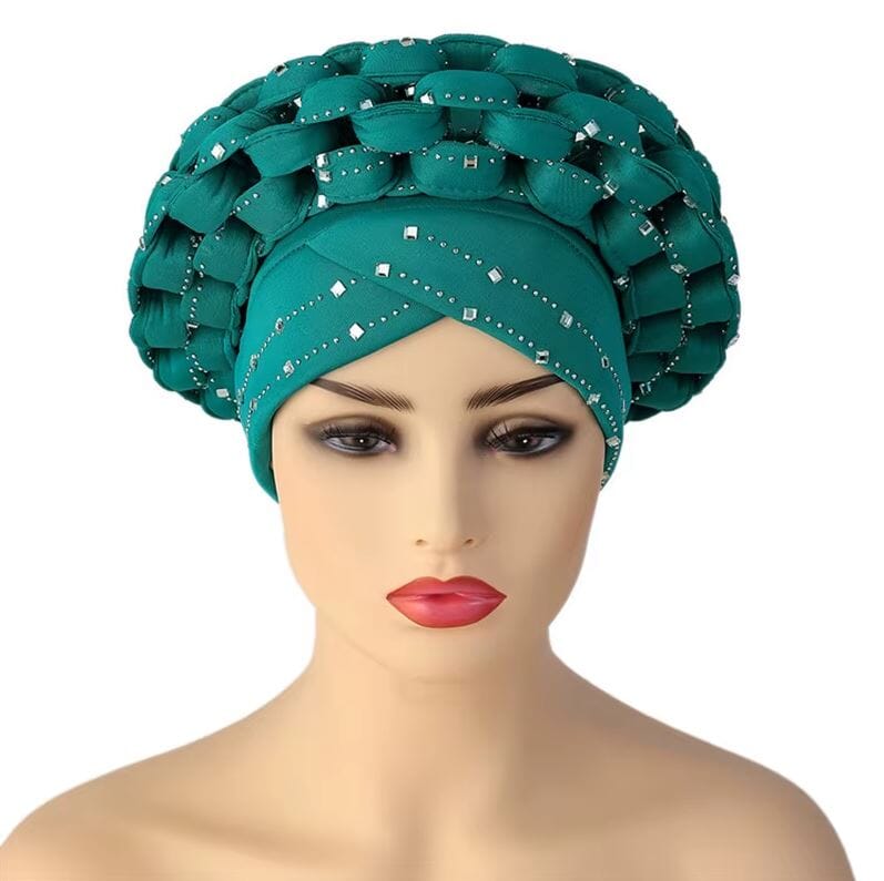 Women African Turban Auto Gele Head Wrap with stones Hat jehouze Cyan