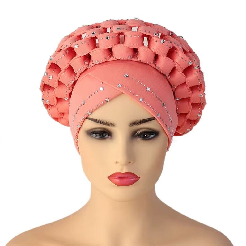 Women African Turban Auto Gele Head Wrap with stones Hat jehouze Pink