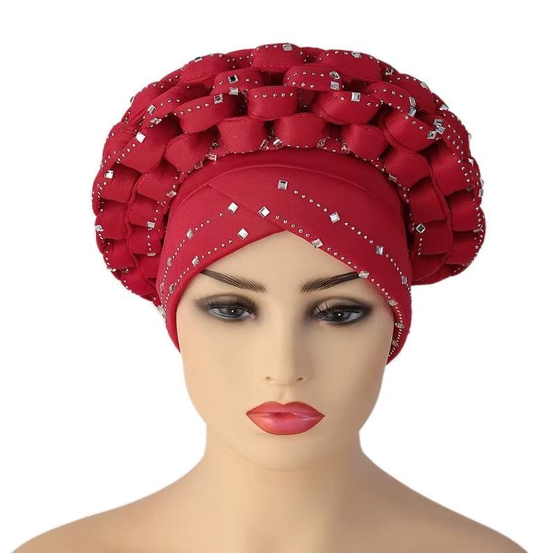 Women African Turban Auto Gele Head Wrap with stones Hat jehouze Red