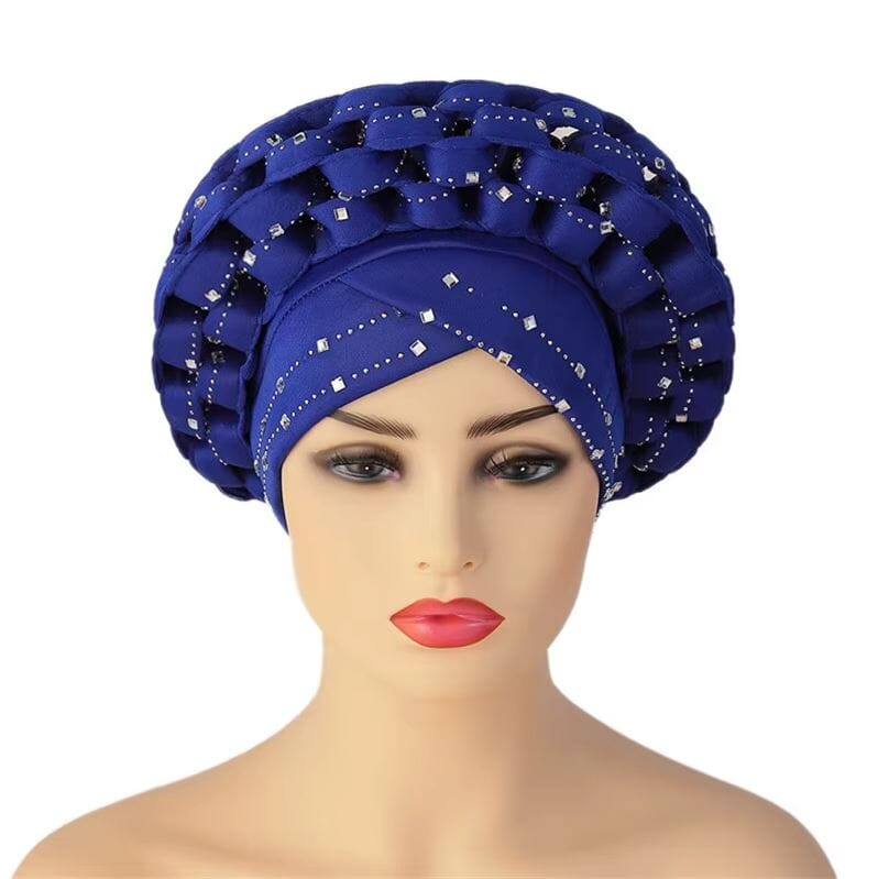 Women African Turban Auto Gele Head Wrap with stones Hat jehouze Royal Blue