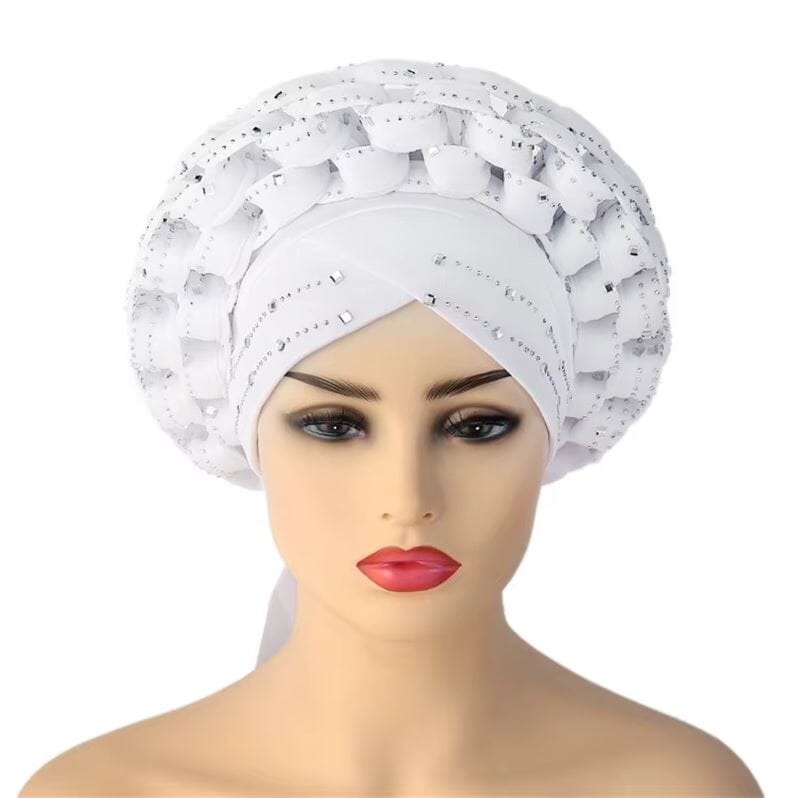 Women African Turban Auto Gele Head Wrap with stones Hat jehouze White
