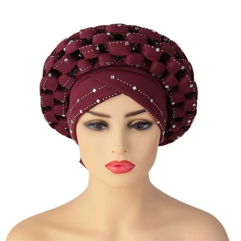 Women African Turban Auto Gele Head Wrap with stones Hat jehouze Wine Red