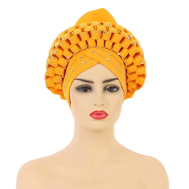 Women African Turban Auto Gele Head Wrap with stones Hat jehouze Yellow