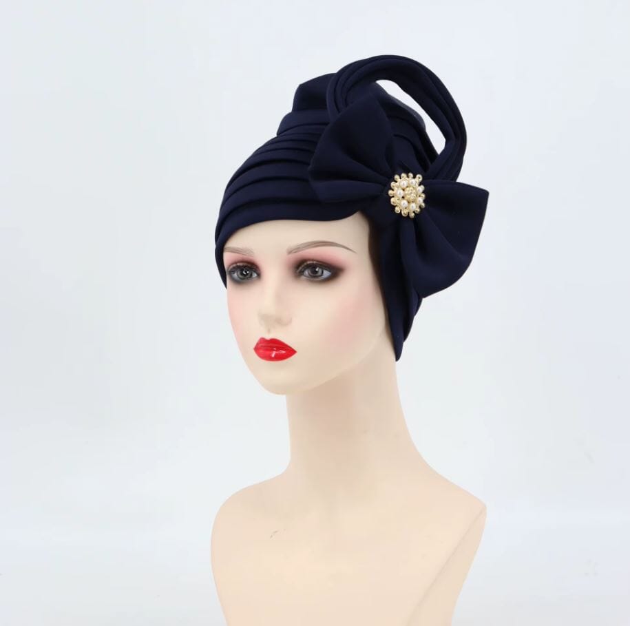 Women African Turban Auto Gele Headtie Scarf Beanie Headwear Hat jehouze Navy Blue