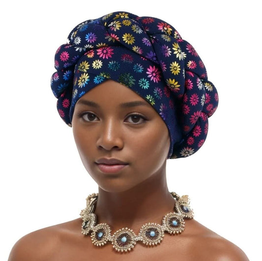 Women African Turban Braid Beanie Pre tied Stretchy Twisted Headwear Hat jehouze Navy Blue