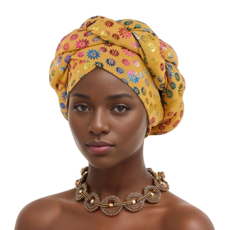 Women African Turban Braid Beanie Pre tied Stretchy Twisted Headwear Hat jehouze Yellow