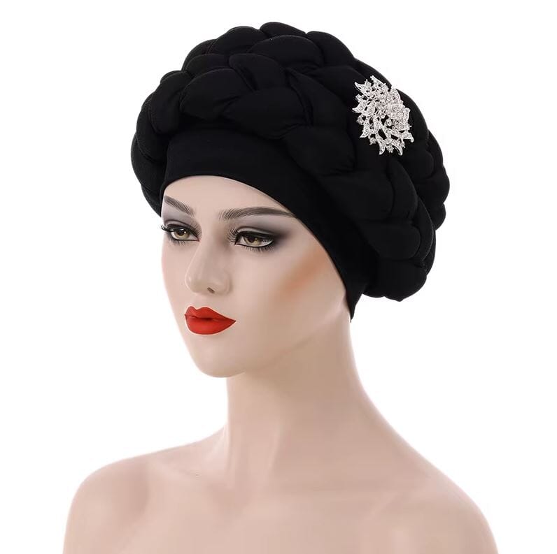 Women African Turban Braid Rhinestone brooch Twisted Headwear Hat jehouze Black