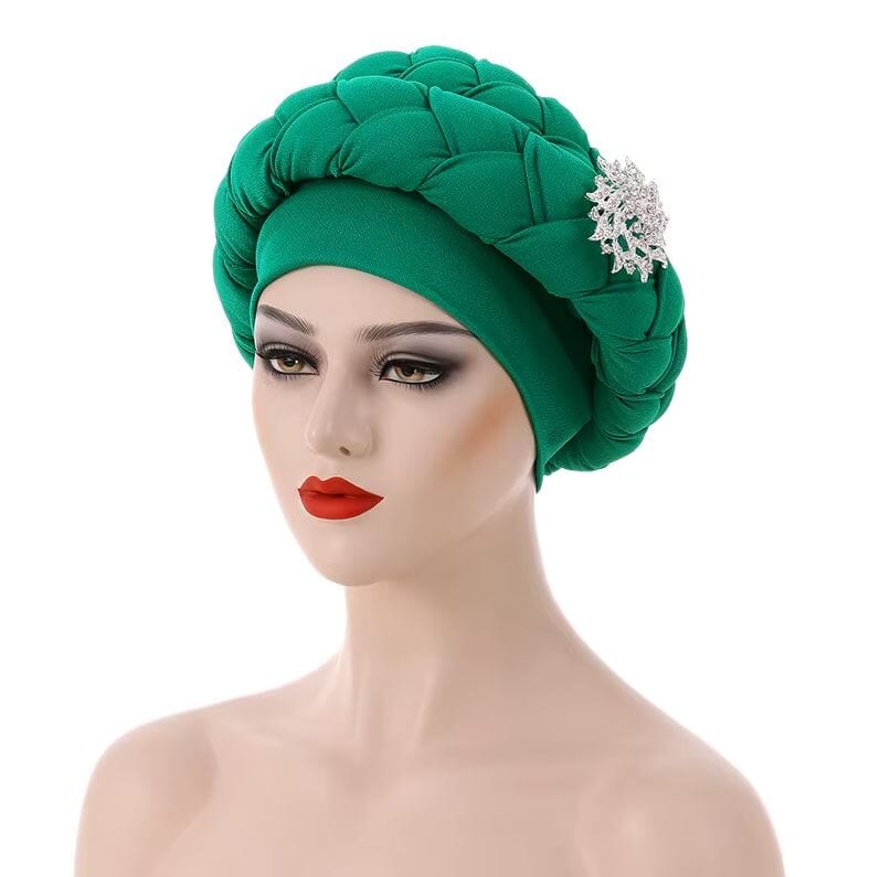 Women African Turban Braid Rhinestone brooch Twisted Headwear Hat jehouze Cyan