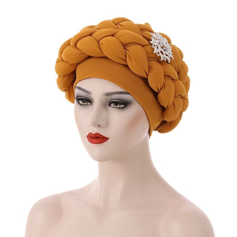 Women African Turban Braid Rhinestone brooch Twisted Headwear Hat jehouze Ginger Yellow