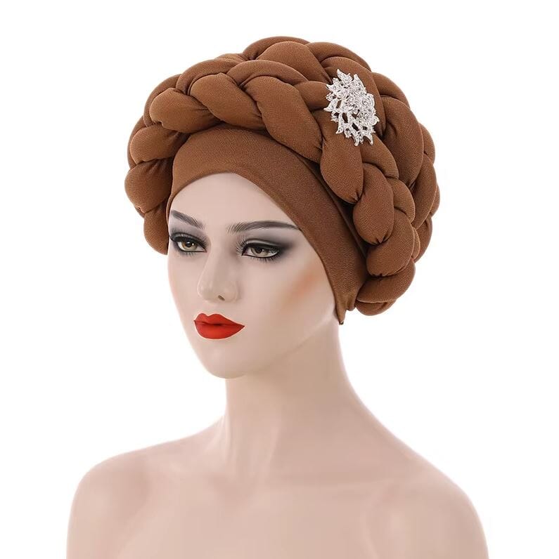 Women African Turban Braid Rhinestone brooch Twisted Headwear Hat jehouze Khaki brown
