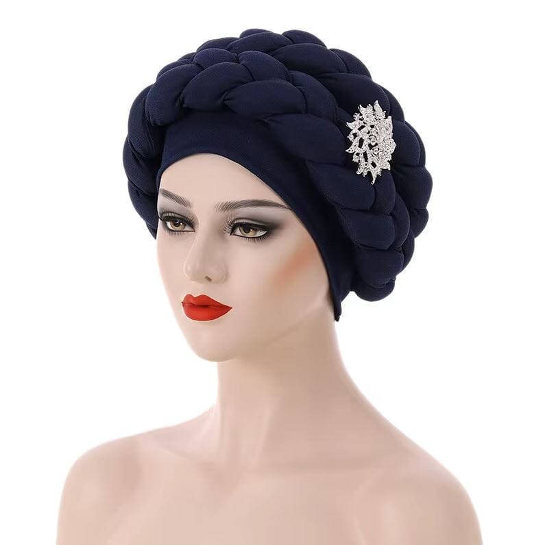 Women African Turban Braid Rhinestone brooch Twisted Headwear Hat jehouze Navy Blue