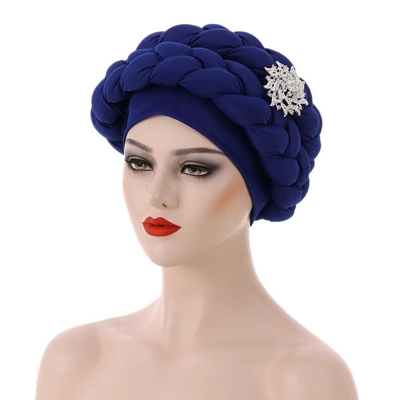 Women African Turban Braid Rhinestone brooch Twisted Headwear Hat jehouze Royal Blue