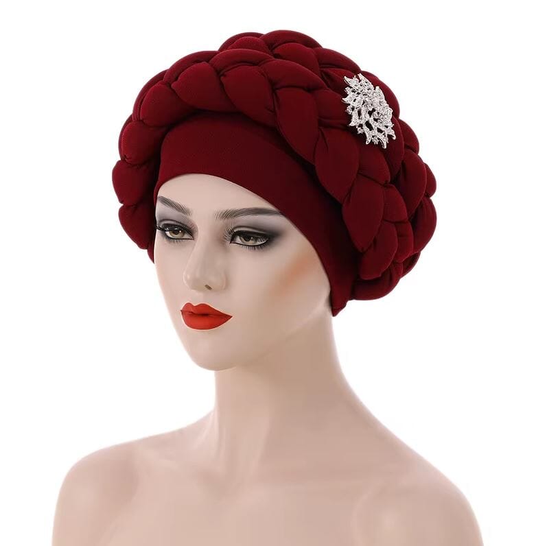 Women African Turban Braid Rhinestone brooch Twisted Headwear Hat jehouze Wine Red