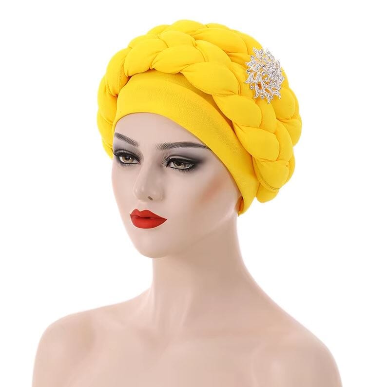 Women African Turban Braid Rhinestone brooch Twisted Headwear Hat jehouze Yellow