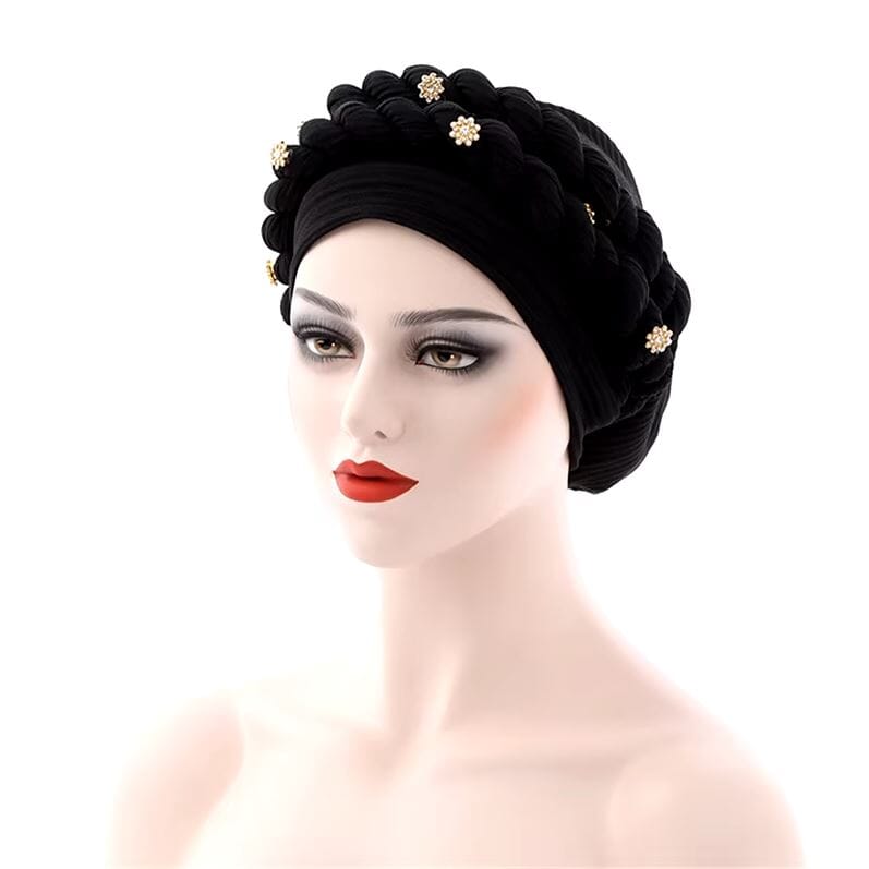 Women African Turban Double Twisted Braid Headwear Soft Pretied Head Cover Hat jehouze Black