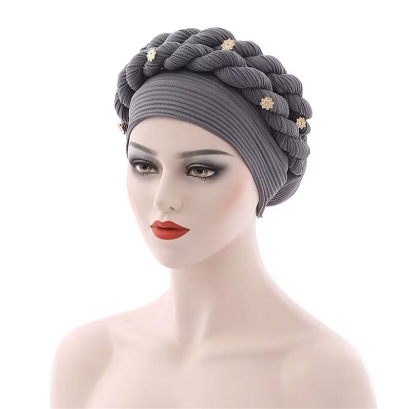 Women African Turban Double Twisted Braid Headwear Soft Pretied Head Cover Hat jehouze Gray