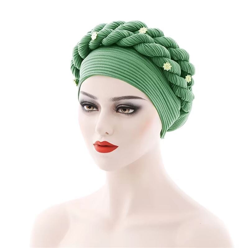 Women African Turban Double Twisted Braid Headwear Soft Pretied Head Cover Hat jehouze Green