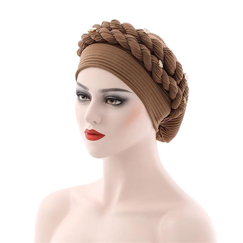 Women African Turban Double Twisted Braid Headwear Soft Pretied Head Cover Hat jehouze Khaki brown