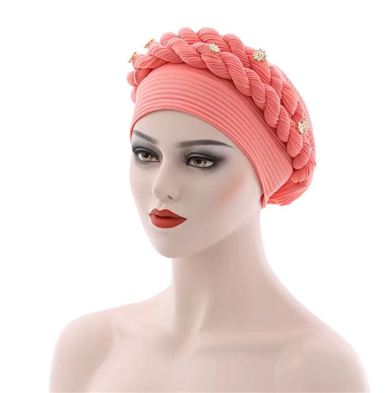 Women African Turban Double Twisted Braid Headwear Soft Pretied Head Cover Hat jehouze Watermelon Red