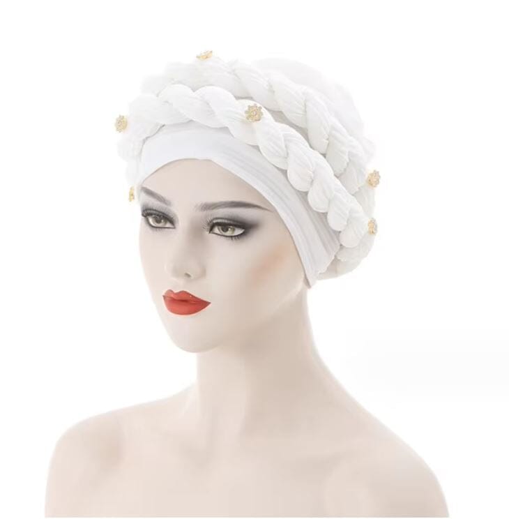 Women African Turban Double Twisted Braid Headwear Soft Pretied Head Cover Hat jehouze White