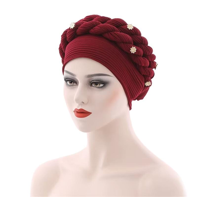 Women African Turban Double Twisted Braid Headwear Soft Pretied Head Cover Hat jehouze Wine Red