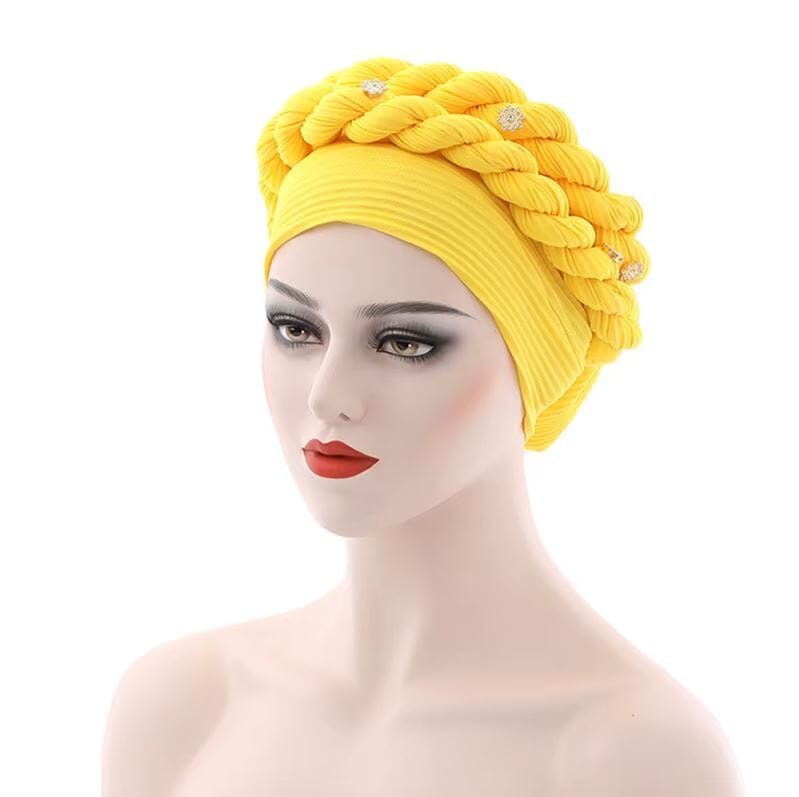Women African Turban Double Twisted Braid Headwear Soft Pretied Head Cover Hat jehouze Yellow