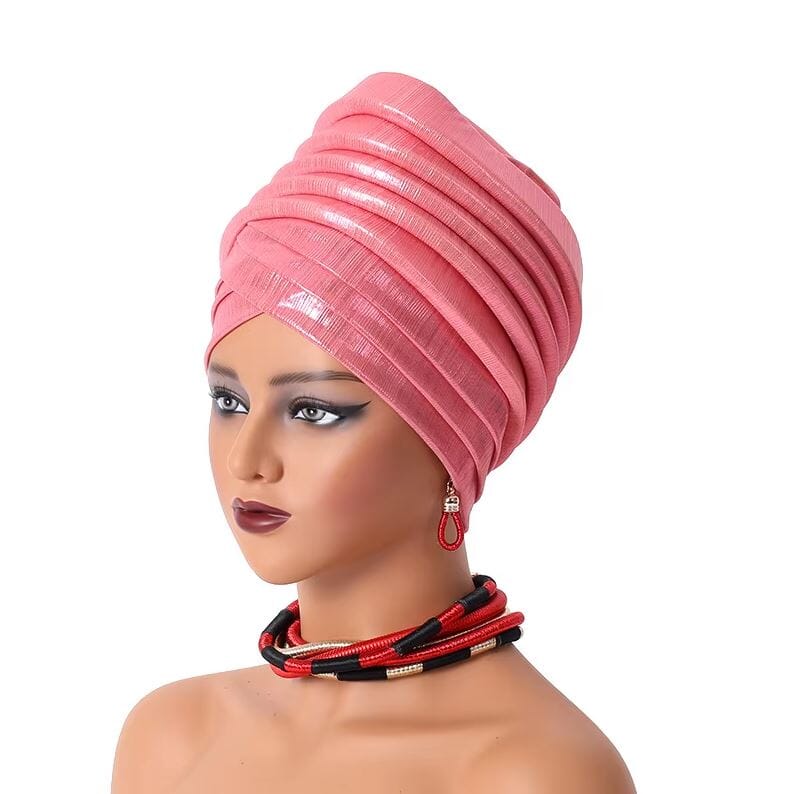 Women African Turban Gele Pleated Headwear Hat jehouze Pink