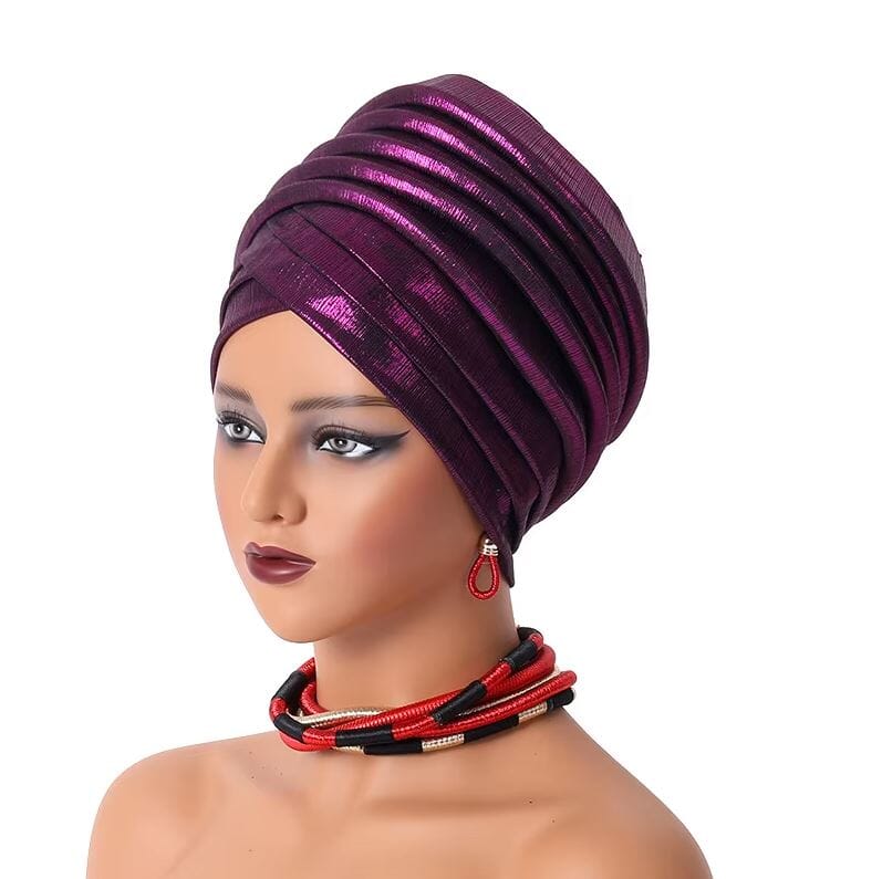 Women African Turban Gele Pleated Headwear Hat jehouze Purple