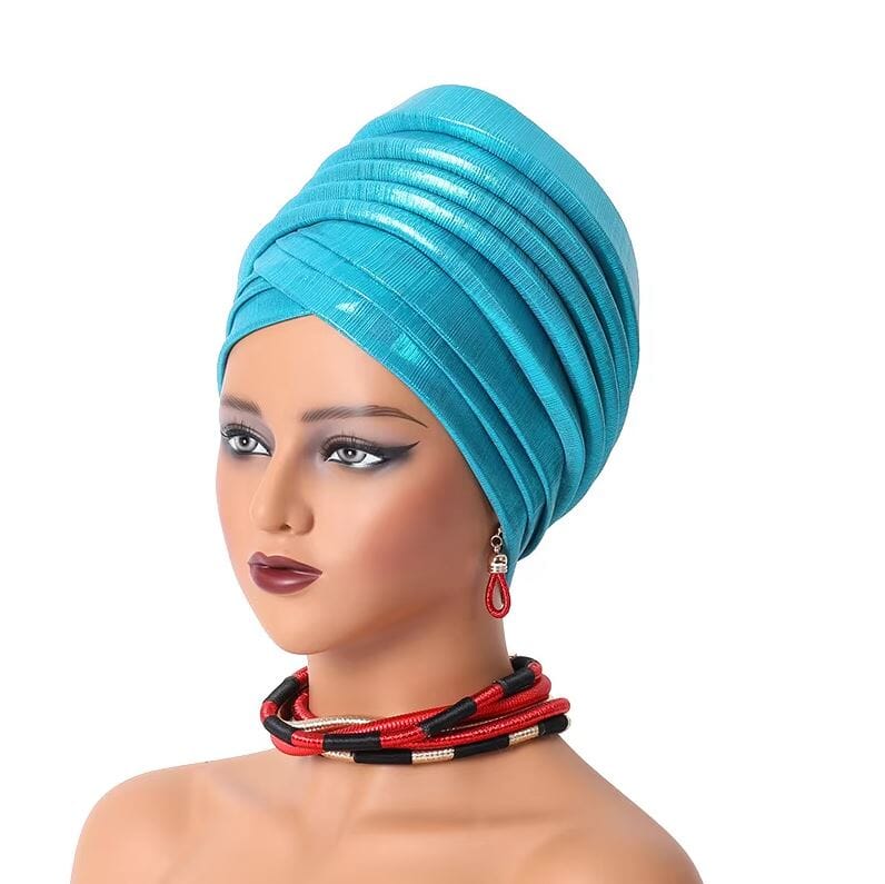 Women African Turban Gele Pleated Headwear Hat jehouze Sky Blue